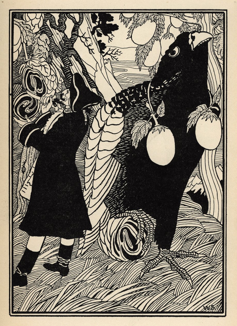 Baronen oppdager de store fuglene og rotisene på trærne i USA. Illustrasjon av William Strang (1859-1921) og JB Clark fra "The Adventures of the Baron of Munchausen (Munchhausen) av Rudolf Erich Raspe (1736-1794) (1789) av Unbekannter Künstler