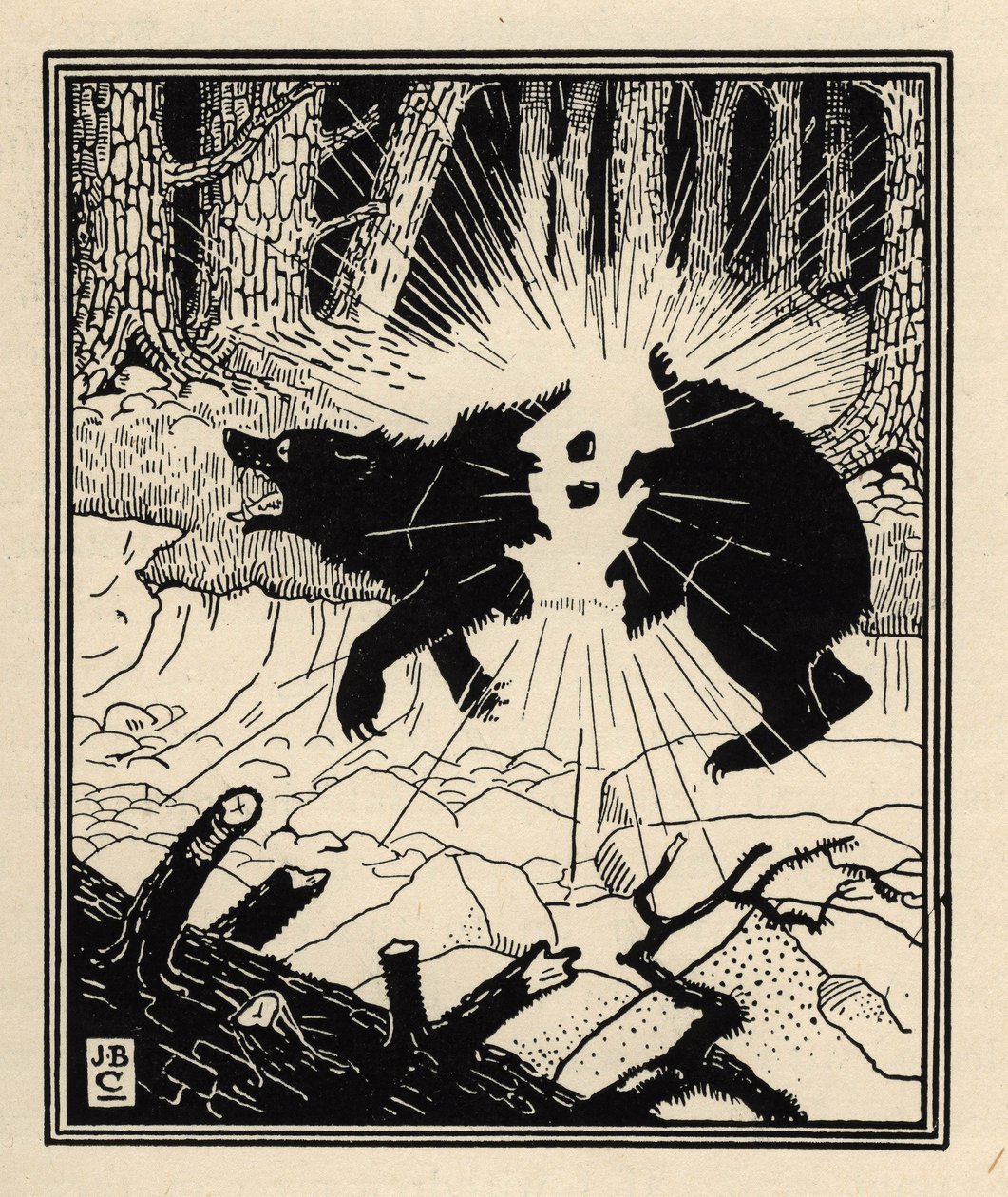 Baronen sprenger en svartbjørn med to flintstener. Illustrasjon av William Strang (1859-1921) og JB Clark fra "The Adventures of the Baron of Munchausen (Munchhausen) av Rudolf Erich Raspe (1736-1794) (1789) av Unbekannt
