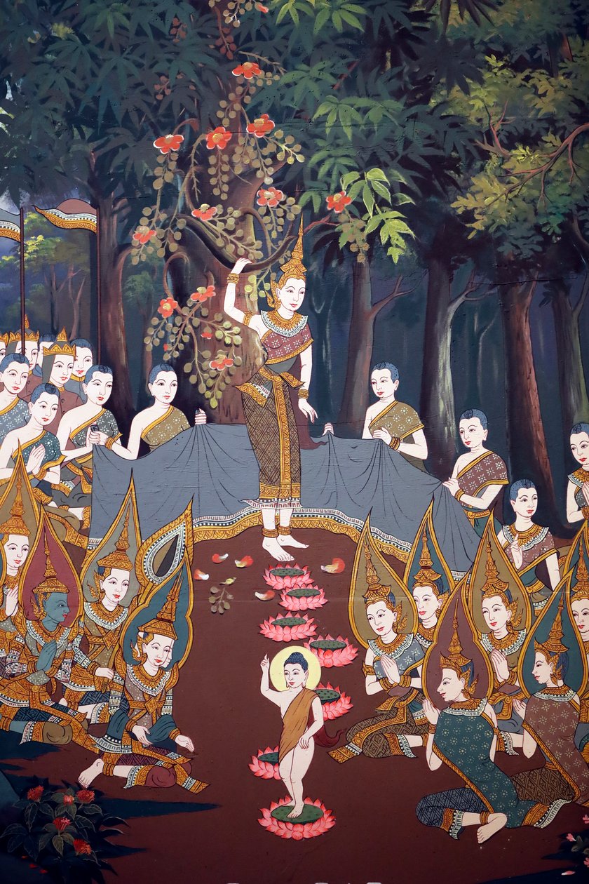 Fødselen til spedbarnet Siddhartha, veggfreskomaleri, Wat Botum-tempelet, Phnom Penh, 2022 (bilde) av Unbekannter Künstler