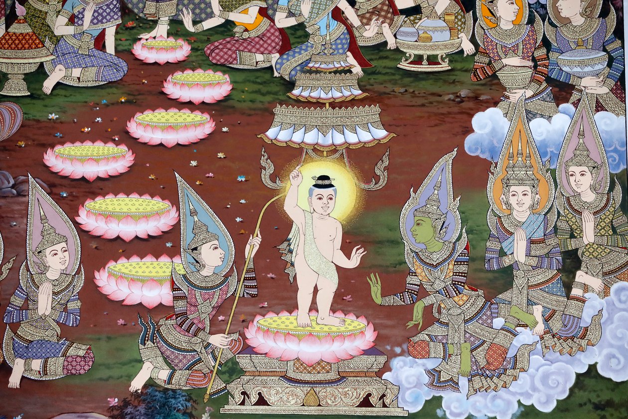 Fødselen til spedbarnet Siddhartha, veggfreskomaleri, Wat Maniratanaram kloster, Phnom Penh, 2022 (bilde) av Unbekannter Künstler