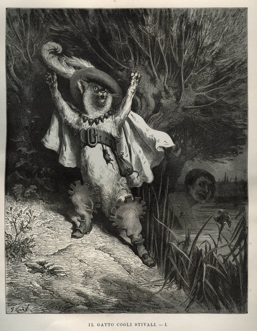 Støvelkatten roper på hjelp. Gravering av Gustave Dore (1832-1883) fra "" Les contes"" av Charles Perrault (1628-1703) av Unbekannt