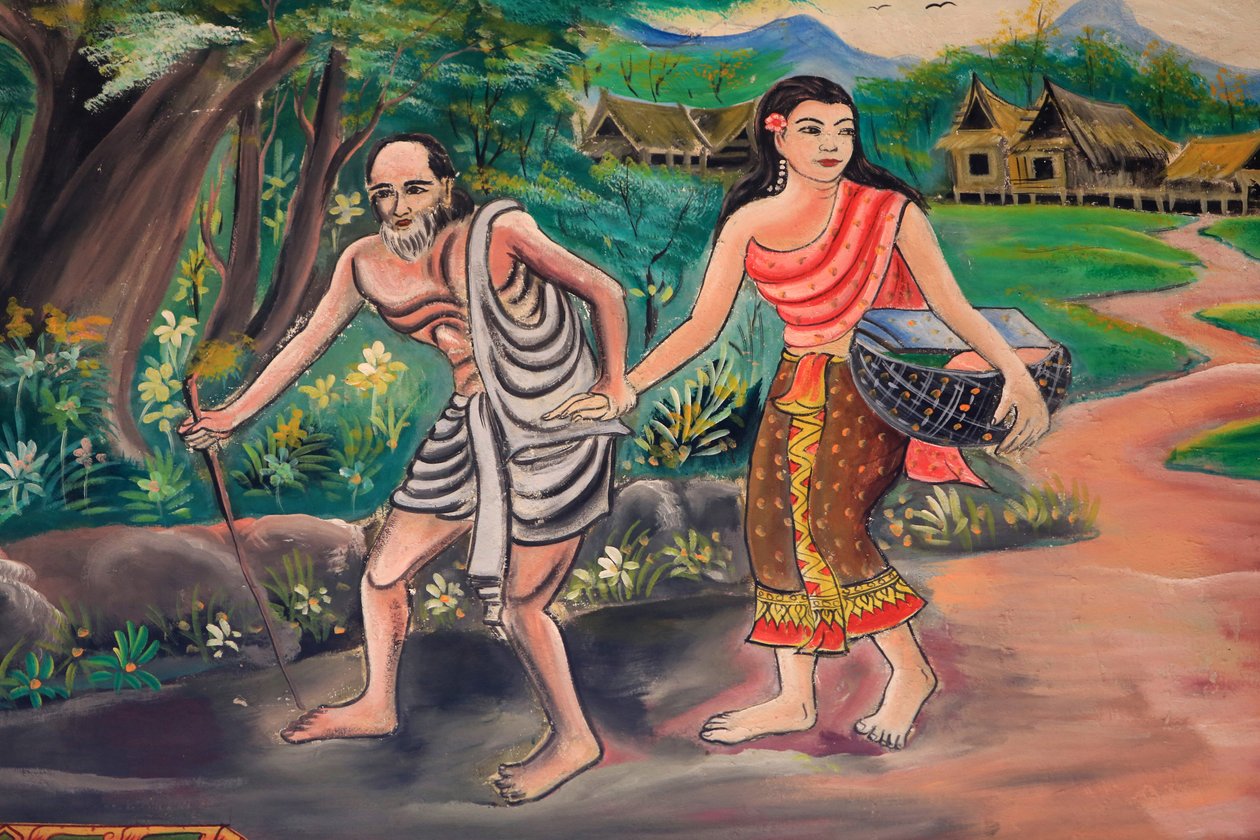 Dagen før. Møte med landsbyboeren. Veien til opplysning. Buddhas liv. Takkunst som viser Buddhas liv. Wat Inpeng. Ventiane. Laos, 20151029, Vientiane, Laos av Unbekannt