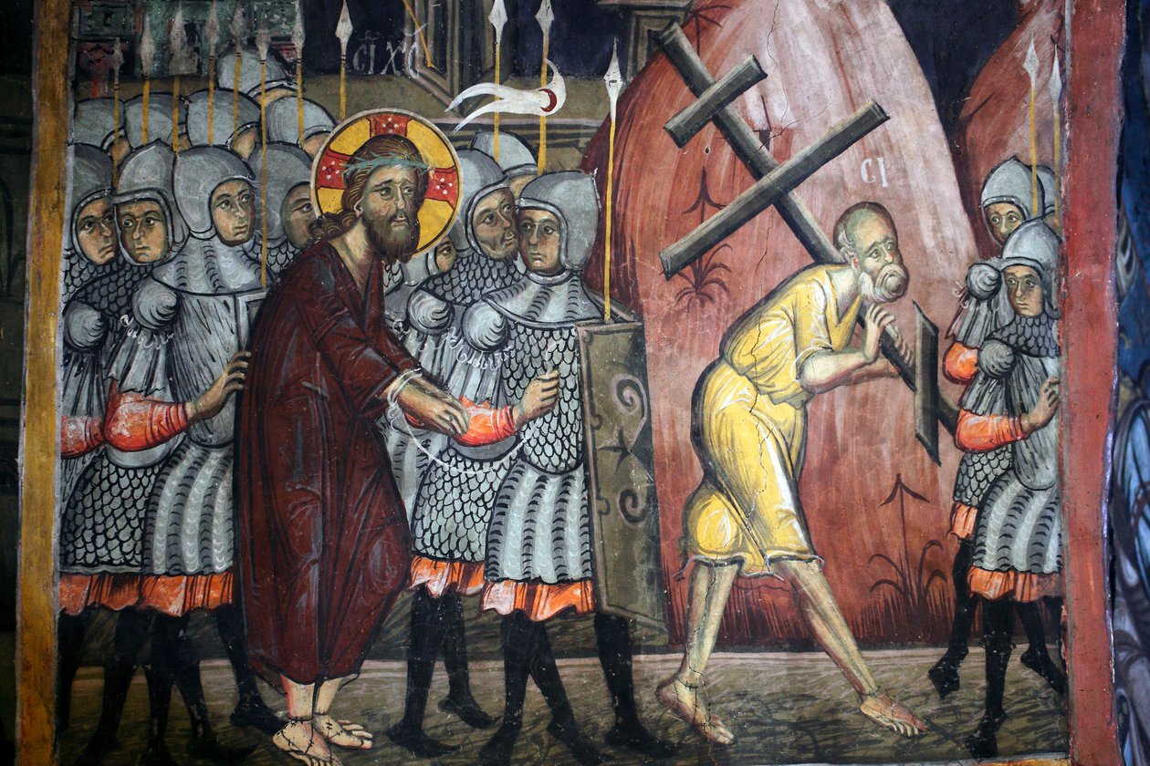Kristi lidenskap Simon bærer korset Bysantinsk freskomaleri fra Agios Ioannis Lampadistis kloster, Saint John Lampadistis 1000-tallet Kypros Malte kirker UNESCO-sted Troodos, Kypros av Unbekannt