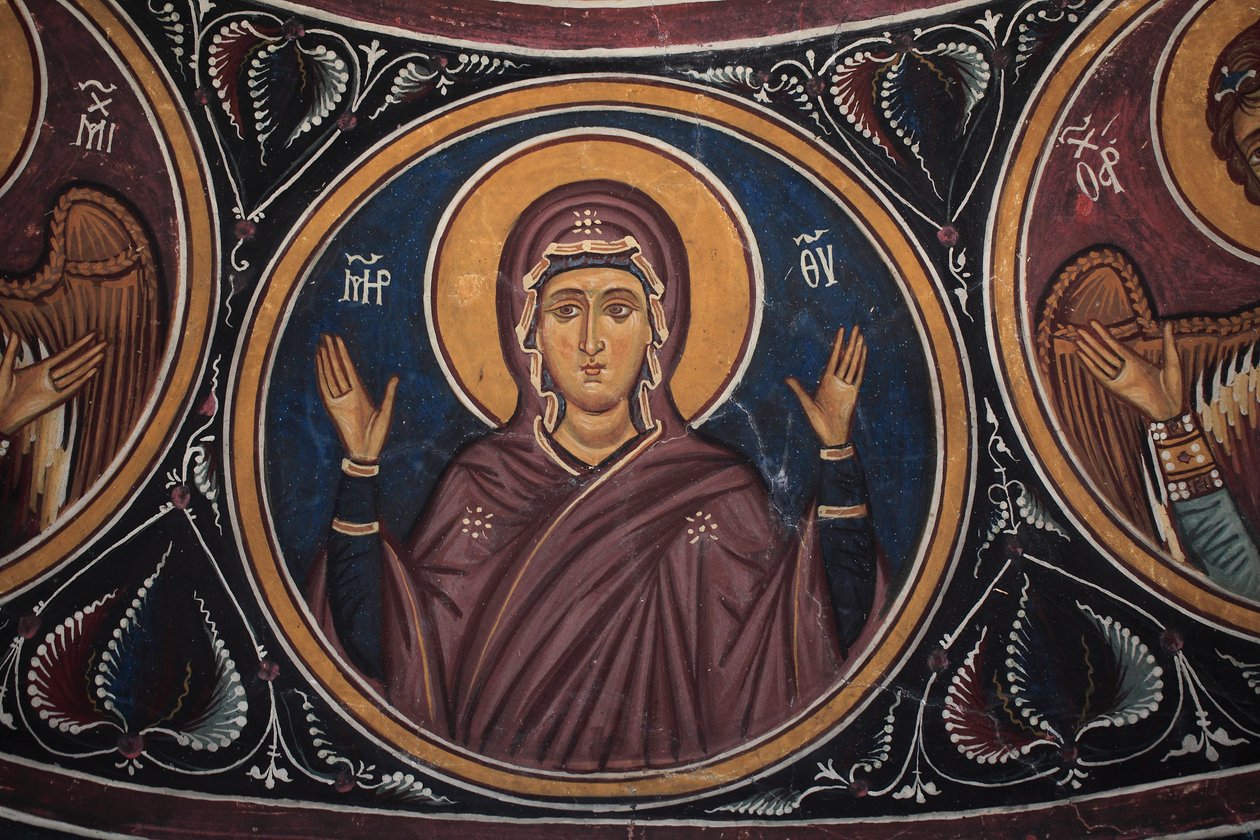 Jomfru Maria-medaljen rundt Kristus og den siste dommen Detalj av den bysantinske fresken fra Narthex-hvelvet til kirken Asinou Siste domsscene 1300-tallet (1332) UNESCO, verdens kulturarvområde Troodos-regionen, Kypros av William M. Timlin