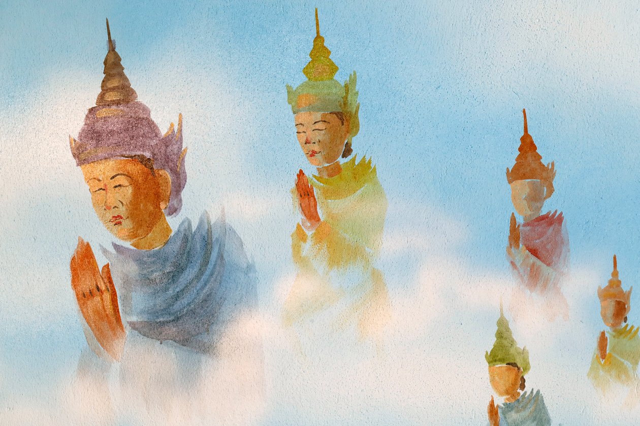 Thien Lam buddhisttempel, veggmaleri   Tilbedere.   Hue, Vietnam, 2019 (bilde) av Unbekannt