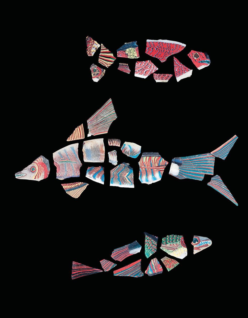 Tre fragmentariske fiskeinnlegg i mosaikk, ptolemaisk-romersk periode, ca. 1. århundre f.Kr. - 3. århundre e.Kr. av Unbekannt