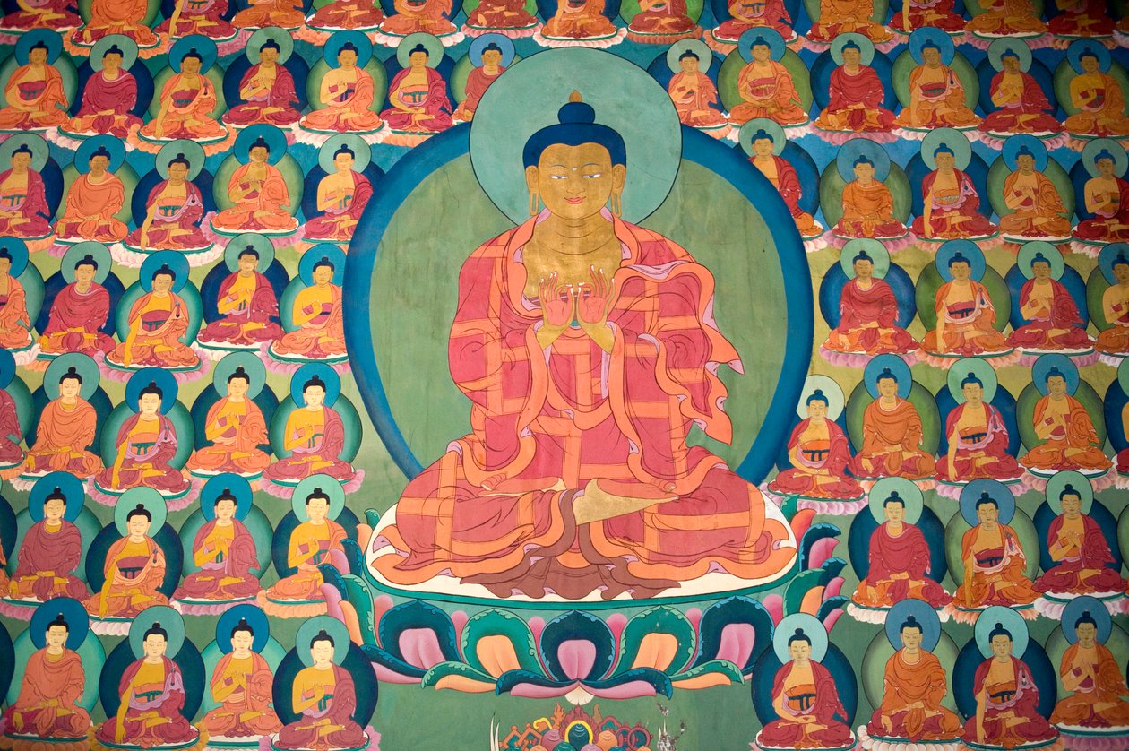 tibetansk buddhisme; veggmaling; meditere Buddha; mange små Buddhaer; Chemre Gompa kloster; Chemrey; Ladakh-regionen; Jammu og Kashmir; India; Sør-Asia; Asia av Unbekannt