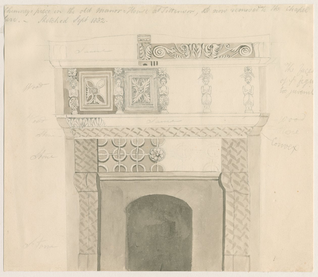 Tittensor - Chimney Piece in Manor House: blyant- og vasketegning, september 1832 av Unbekannt