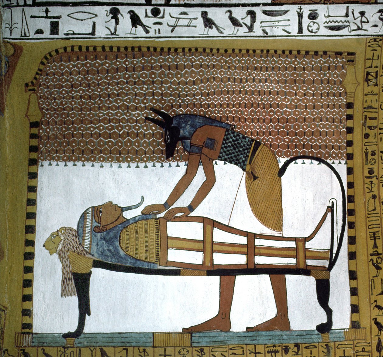 Graver av håndverkere. Sennedjem-mumien balsamert av Gud Anubis, Deir El Medineh-stedet i Luxor, Egypt. Begynnelsen av det 19. dynastiet. av Leopold Blonder