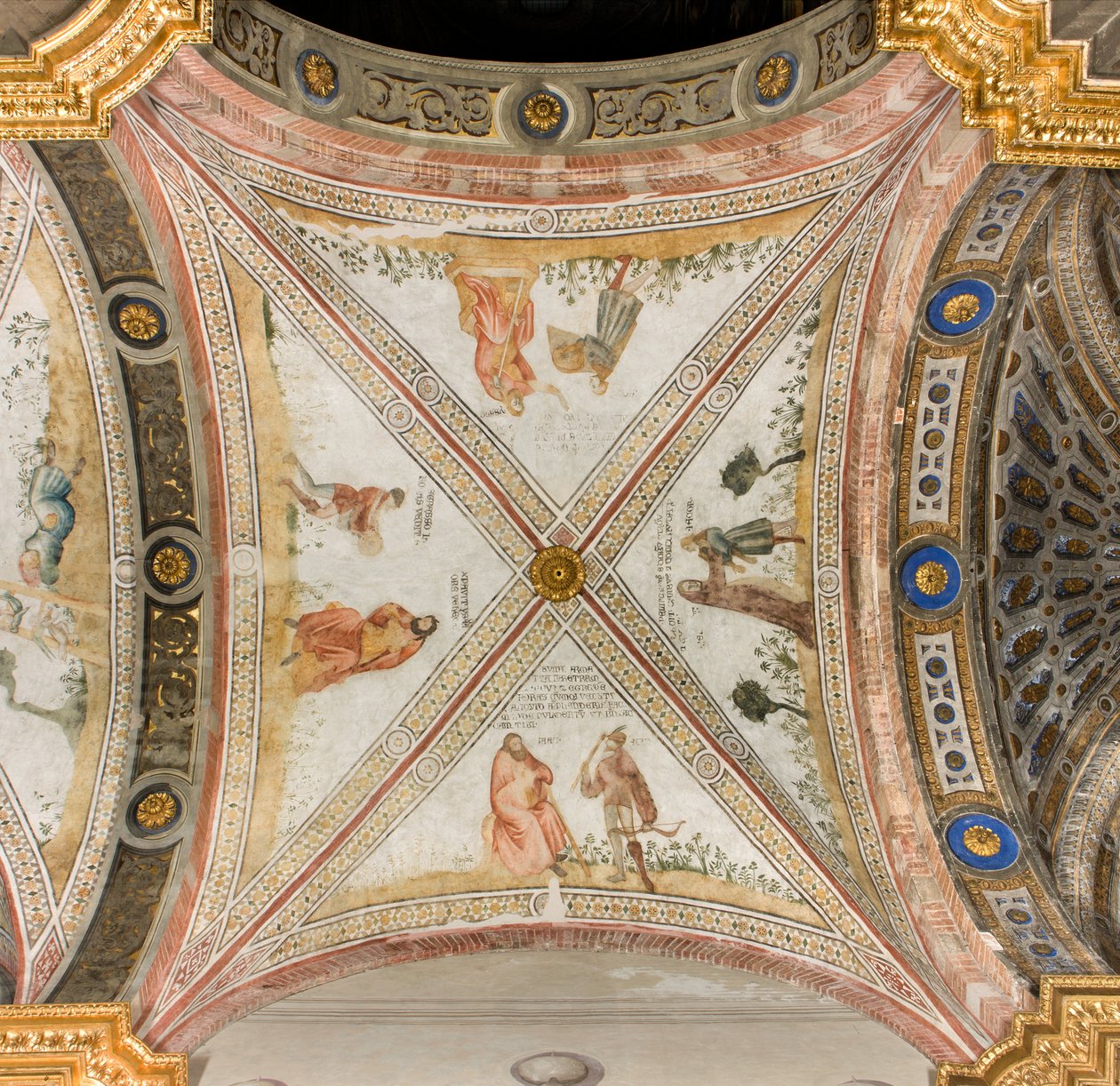 Transept sør tredje vestspenn, Isaac ber Exhaù om å bringe ham vilt, Rebecca kler Jacob med klær av Exhaù, Jacob forveksles med Exhaù gir mat til Isak, Esaac kommer tilbake med vilt, katedralen Santa Maria Assunta, Duomo, Cremona, Lombardia, Italia ( ph av Unbekannt