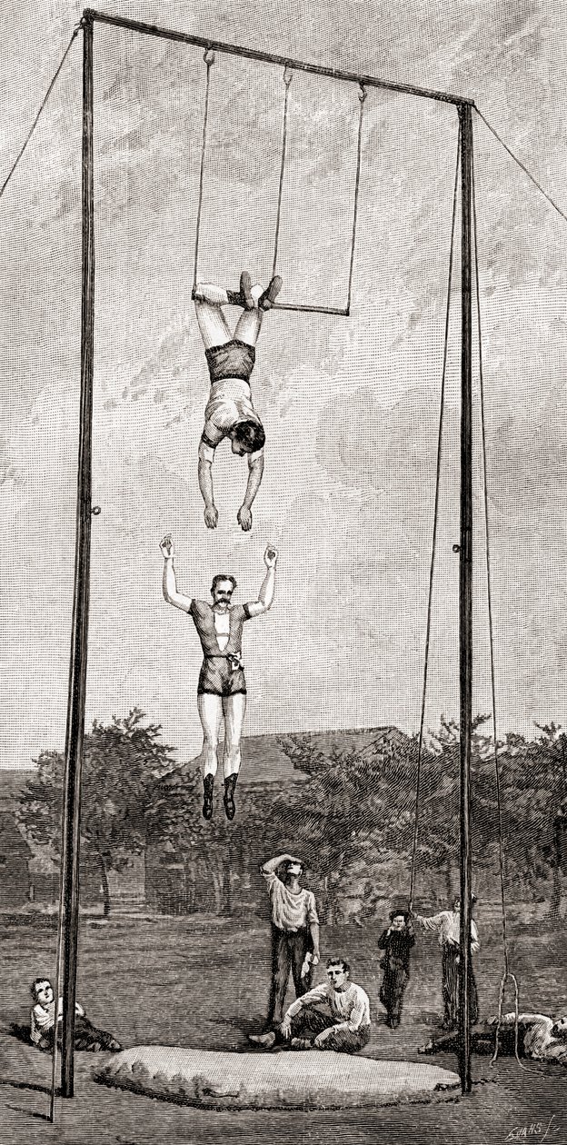 Trapeskunstnere på 1800-tallet, fra The Century Magazine, utgitt 1887 (gravering) av Unbekannt