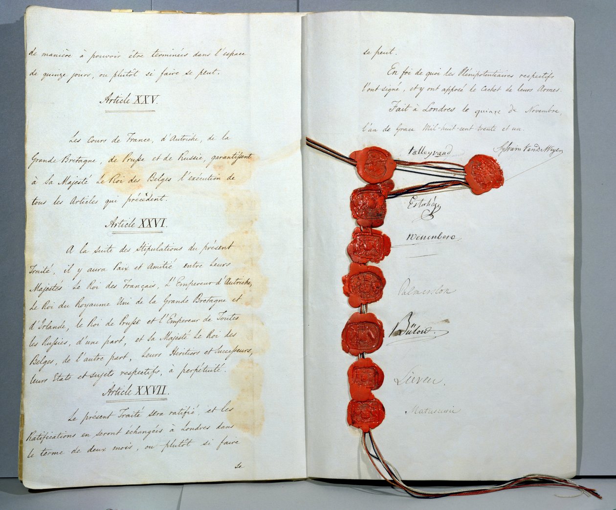 Traktat om etablering av Belgia som en suveren stat, signert 15. november 1831 på London-konferansen (penn og blekk og voks på papir) av Unbekannt