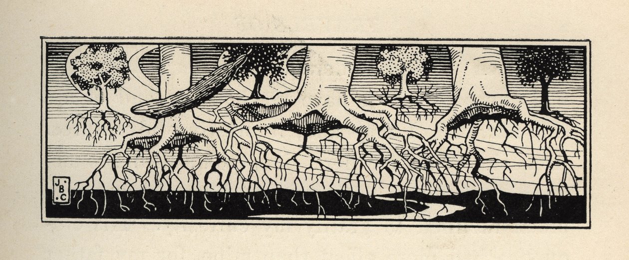 Trær ødelegger av en storm omplanter røttene sine til nøyaktig stedet der de var. Illustrasjon av William Strang (1859-1921) og JB Clark fra "The Adventures of the Baron of Munchausen (Munchhausen) av Rudolf Erich Raspe (1736-1794) (1789) av Unbekannt