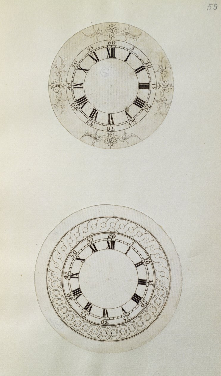 To design for store emaljerte urskiver, fra mekaniske notater og tegninger satt sammen av John Harrison (1693-1776) og hans sønn William (ca. 1726-72) (penn og blekk på papir) av Unbekannt