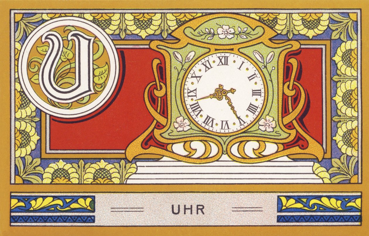 U : Klokke - Alfabet Palmin. Serie med kromolitografier redigert av H. Schlinck & Cie, Hamburg, sd. Publicite pour Palmin fineste kokosfett. Mål: 7 x 11 cm av Unbekannter Künstler