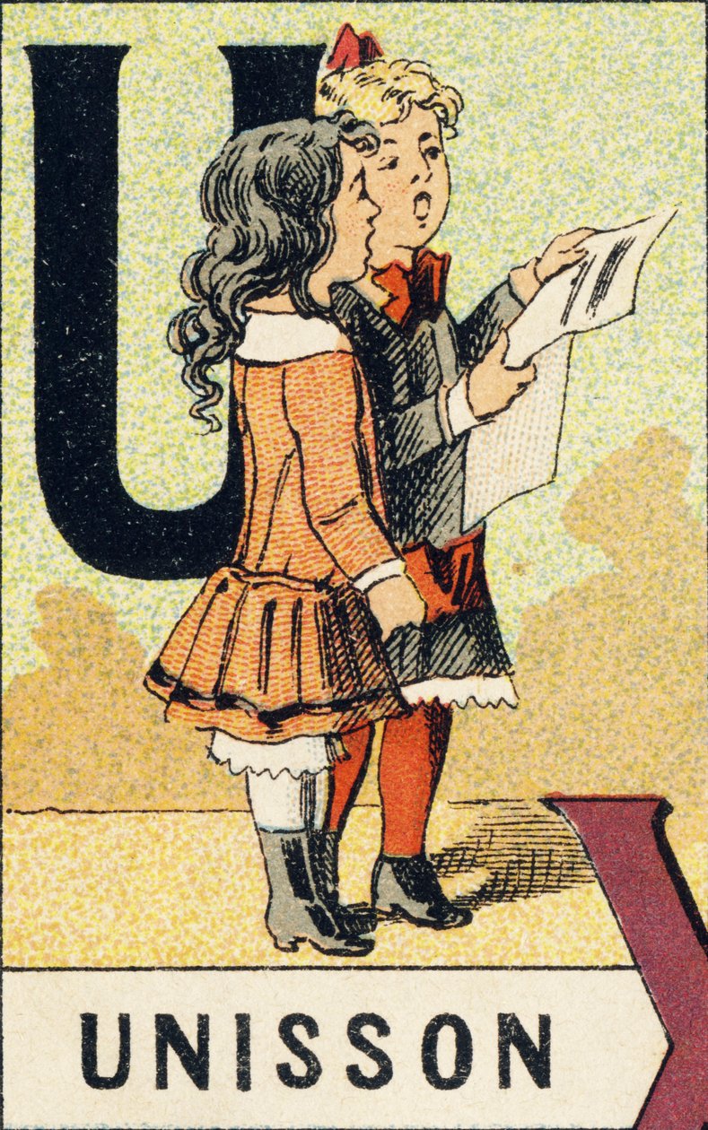 U: Unison - Gravering hentet fra ABCD av små jenter. Pellerin & Cie, trykkeri-utgiver, Epinal, rundt 1890. Serie A. Mål: 19 x 13,5 cm. av Unbekannt