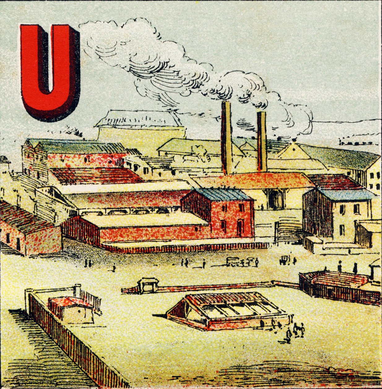 U: Fabrikk. En fabrikk er en enorm fabrikk hvor et stort antall maskiner er plassert; som i den gigantiske fabrikken Le Creusot - Gravering hentet fra Geografisk alfabet. Guerin-Muller et Cie, forlag, Paris av Unbekannt