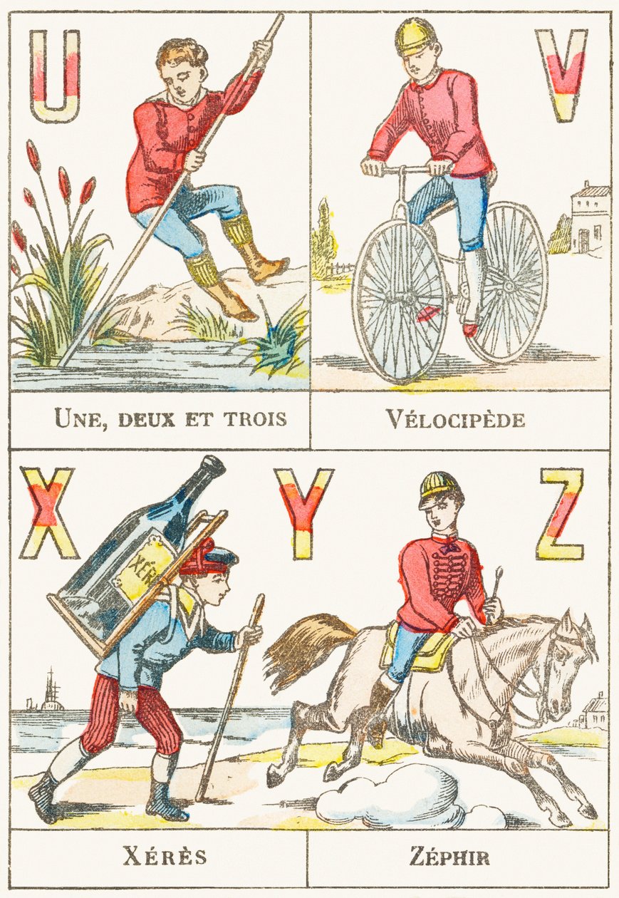 U V X Y Z; U: En, to og tre; V: Velocipede; X: sherry; Z: Zephir - Spillalfabet, ca. 1890 (gravering) av Unbekannt