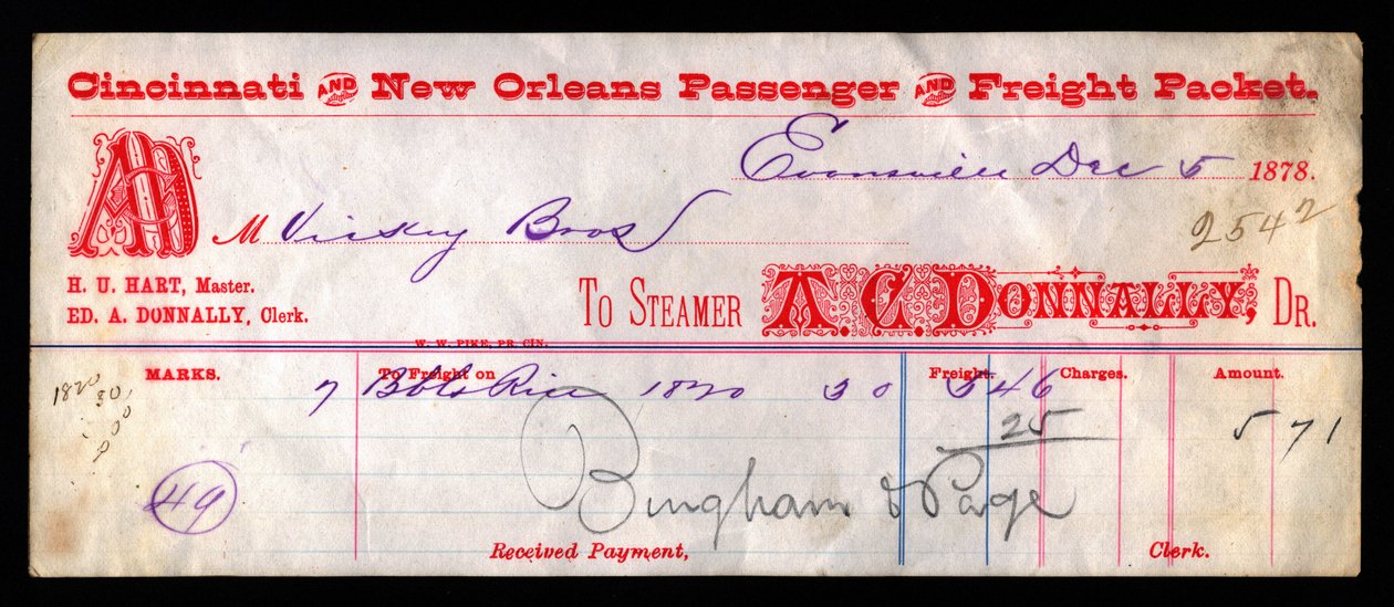 USA: Et fraktbrev for den amerikanske dampbåten AG Donnally 5. desember av Unbekannt