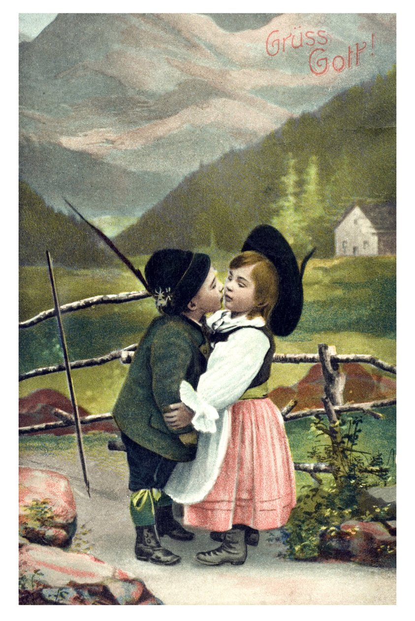 Valentinsdag gratulasjonskort "" Gruess Gott"": par bayerske barn gir hverandre et kyss av Unbekannter Künstler