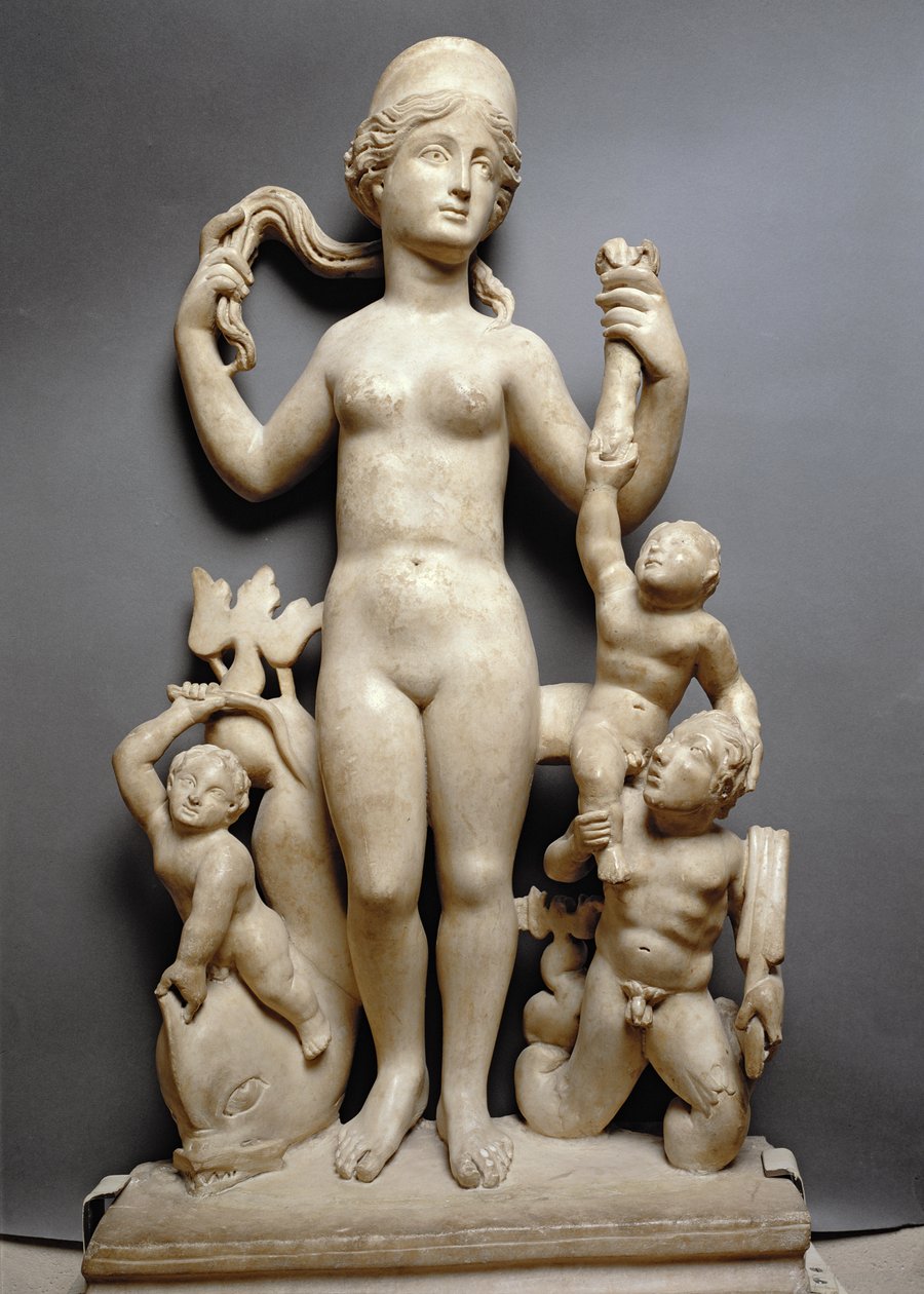Venus med putti, en triton og en delfin, romersk, 4. århundre e.Kr. (marmor) av Unbekannt