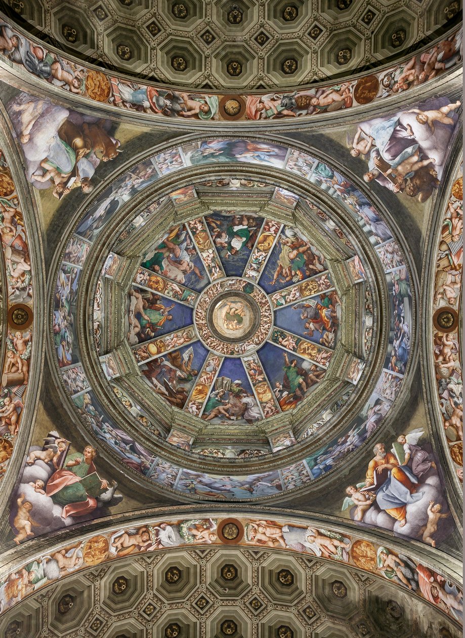 Utsikt over kuppelen til tverrskipet og paneler med fresker av Giovanni Antonio de Sacchis og Bernardino Gatti, Sanctuary of the Madonna della Campagna, Piacenza, Emilia-Romagna, Italia (bilde) av Unbekannter Künstler