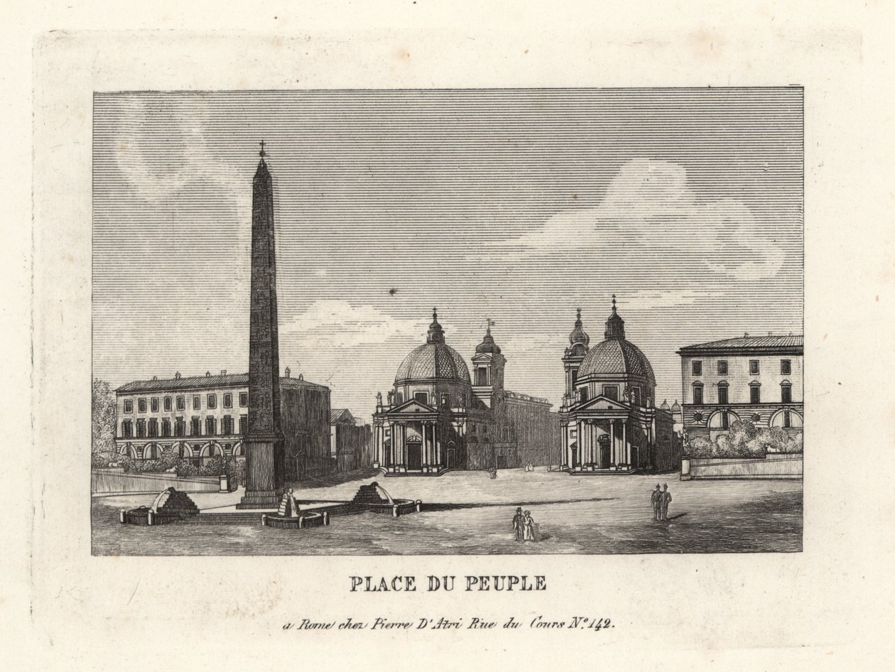 Utsikt over Piazza del Popolo, Place du Peuple, med en egyptisk obelisk av Rameses II fra Heliopolis, Roma av Unbekannt
