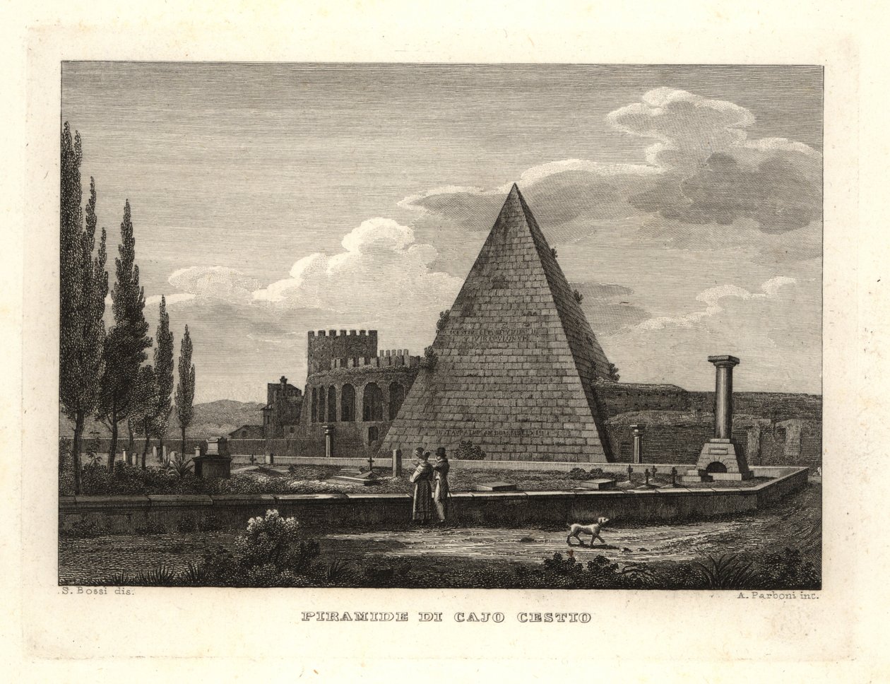 Utsikt over Cestius-pyramiden, Roma, bygget for Gaius Cestius av Unbekannt
