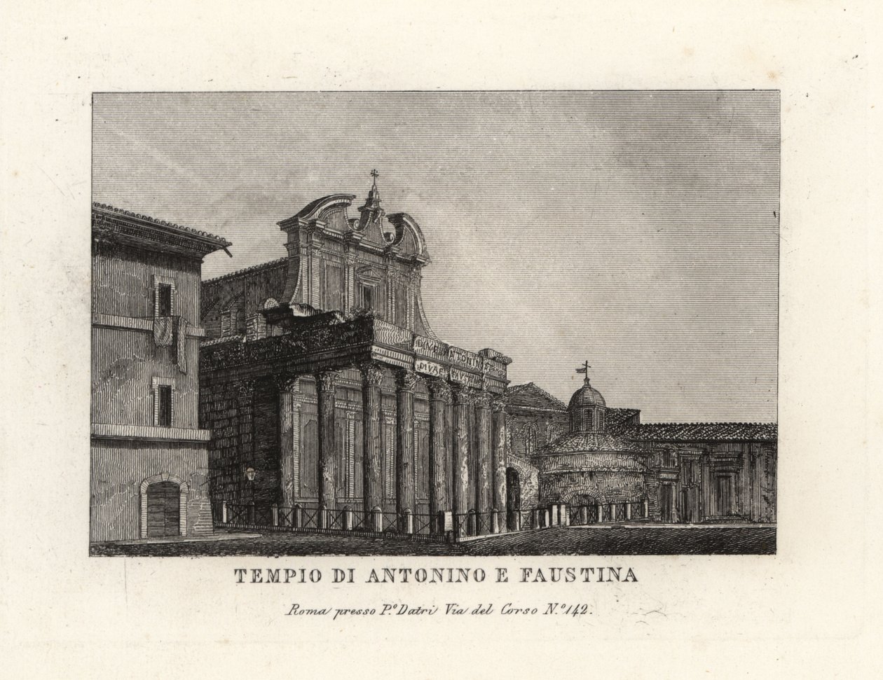 Utsikt over tempelet til Antoninus og Faustina, Tempio di Antonino e Faustina, Forum Romanum, Roma av Unbekannt