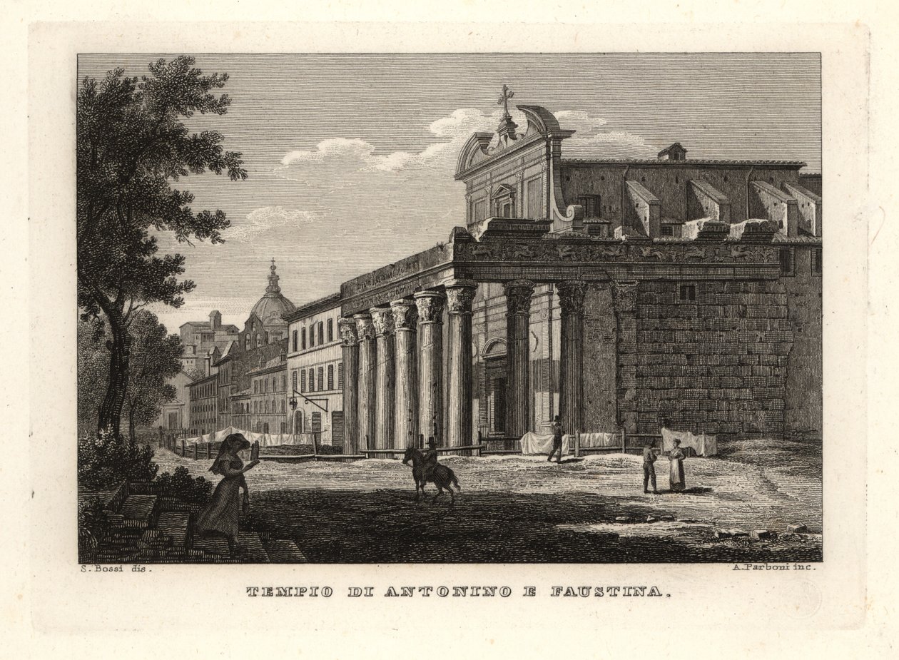 Utsikt over tempelet til Antoninus og Faustina, Tempio di Antonino e Faustina, Roma av Unbekannt