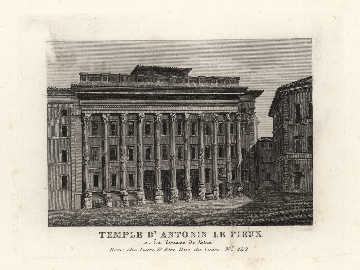 Utsikt over Hadrians tempel, Templum Divus Hadrianus, med 11 søyler dedikert av hans adoptivsønn Antoninus Pius, Temple d