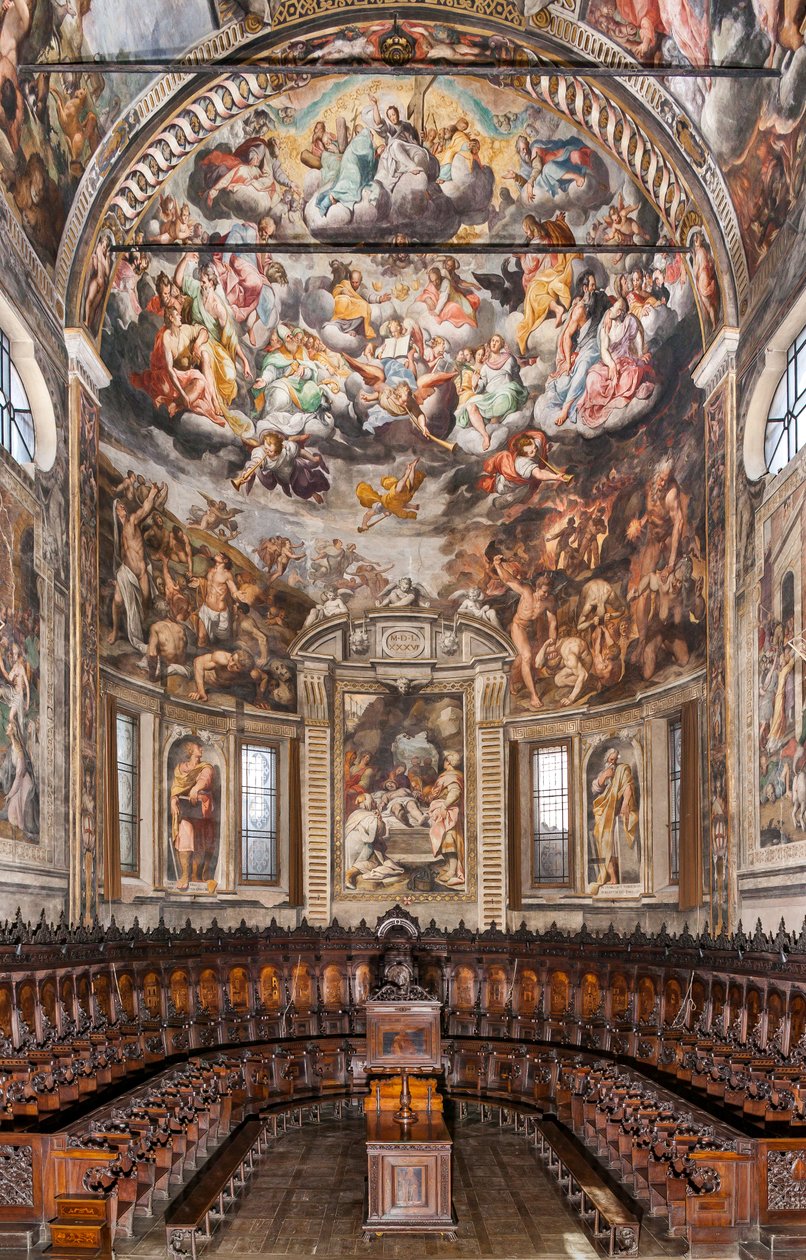 Utsikt over apsis med fresker av Camillo Procaccini og trekor av Cristoforo e Giuseppe De Venetiis, Basilica of San Prospero, Reggio Emilia, Emilia Romagna, Italia (bilde) av Unbekannter Künstler