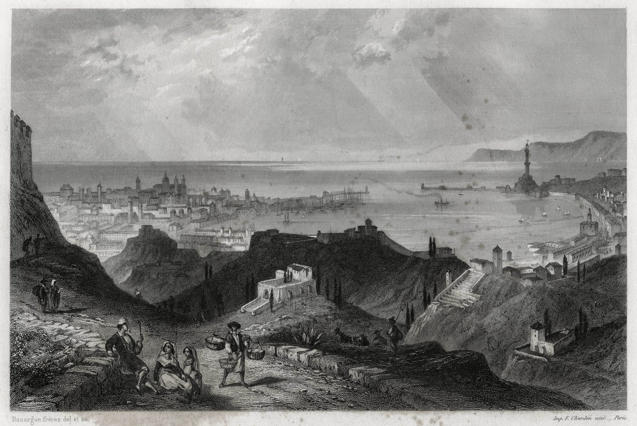 Utsikt over byen og havnen i Genes, eclatante-sitatene, marmorbyen, Genes-la-Superb, i boken om Middelhavet av Louis Enault (1824-1900), en fransk journalist og reisende. av Unbekannt