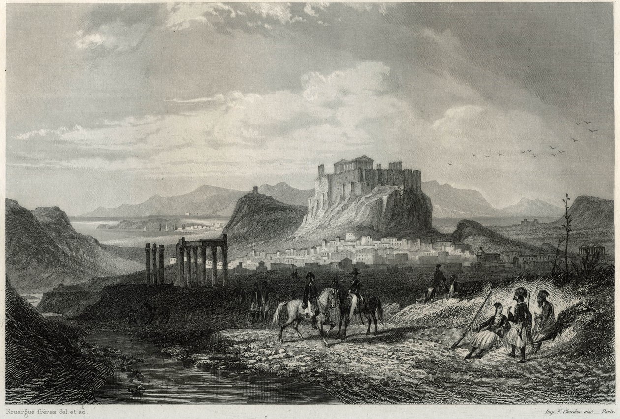 Utsikt over byen Athen på 1800-tallet dominert av Akropolis, i boken om Middelhavet av Louis Enault (1824-1900), fransk journalist og reisende. av Unbekannt