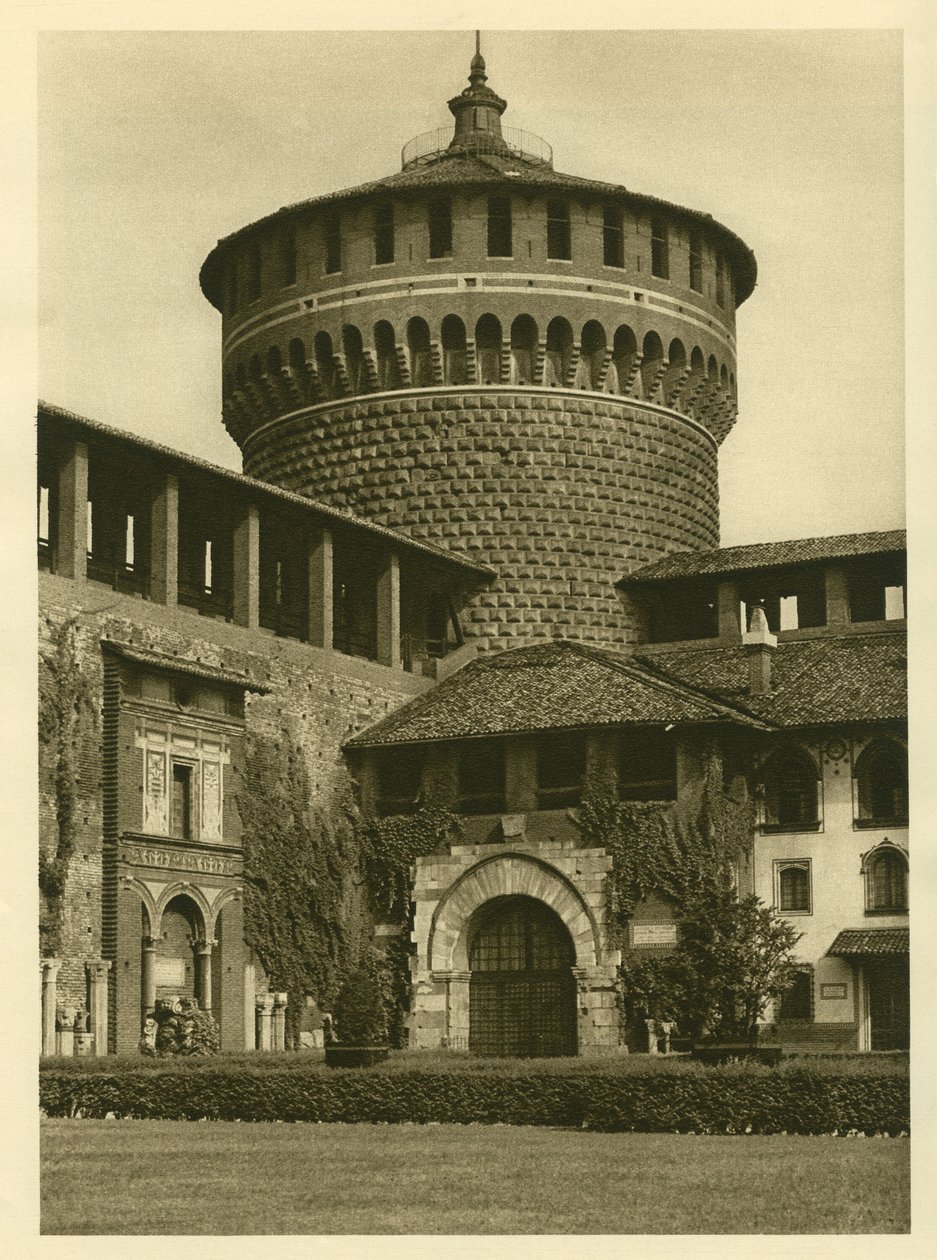 Utsikt over gårdsplassen til Castello Sforzesco (slottet til Sforza-familien) i Milano av Unbekannt