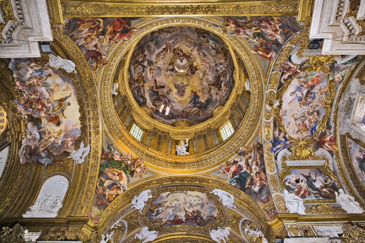 Utsikt over kuppelen, pendentivene, feilene til transpetet og forkoret med fresker av Baciccia, Gesù-kirken, Roma, Italia (bilde) av Unbekannter Künstler