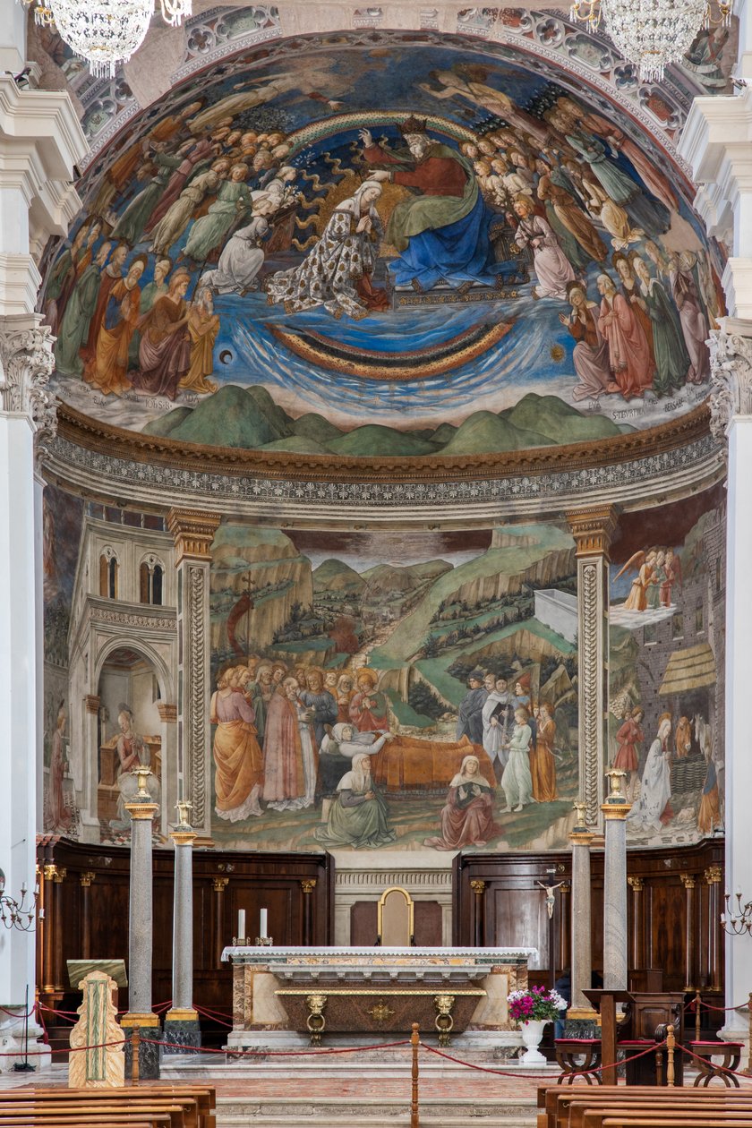 Utsikt over kirkeskipet og prestegården med historiene om jomfruen, Duomo, katedralen i S. Maria Assunta, Spoleto, Umbria, Italia (bilde) av Unbekannter Künstler
