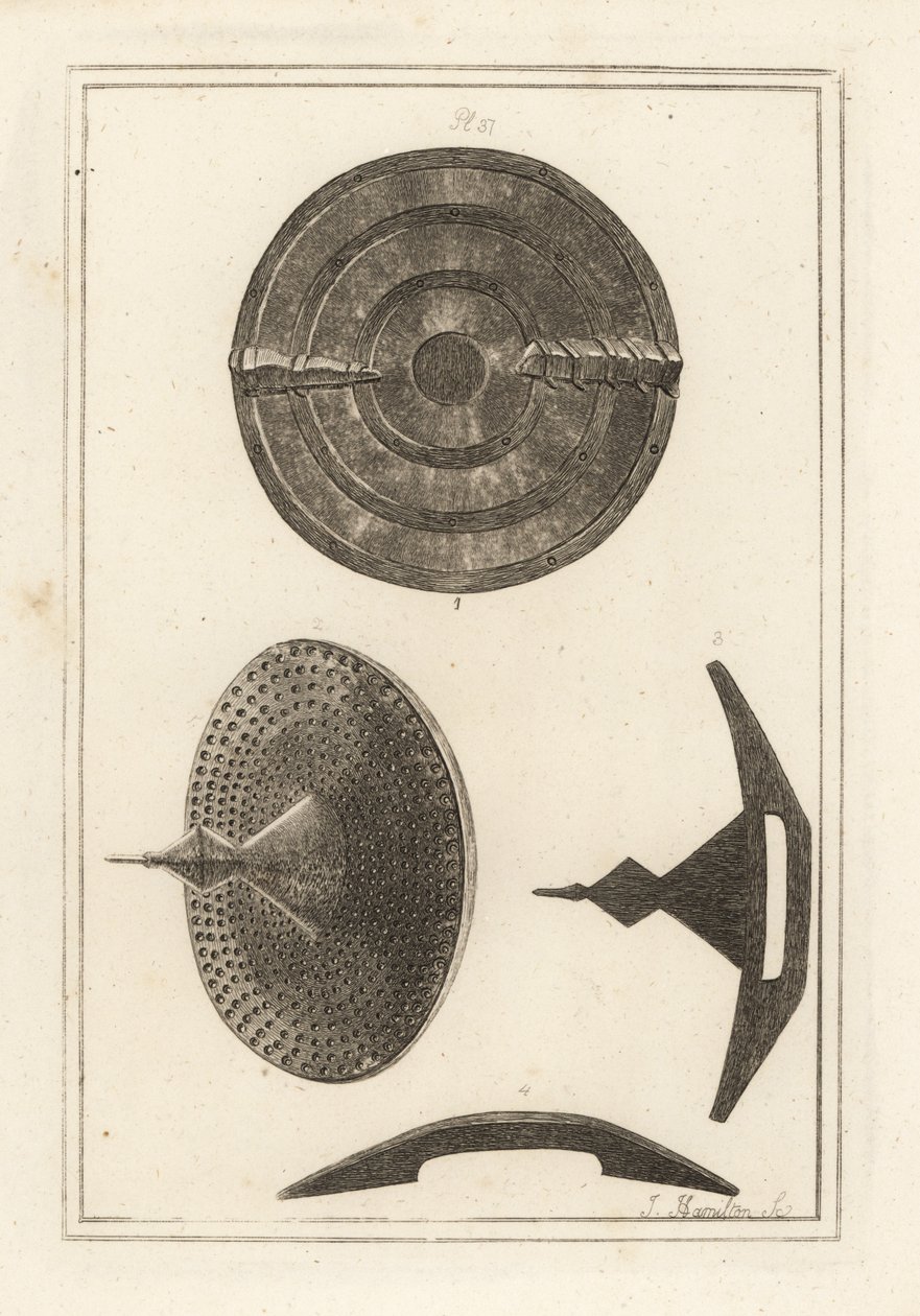 Utsikt over en gammel konkav rundell med umbo eller pigg laget av skinnskinn, jernplate og messingspiker av Unbekannt