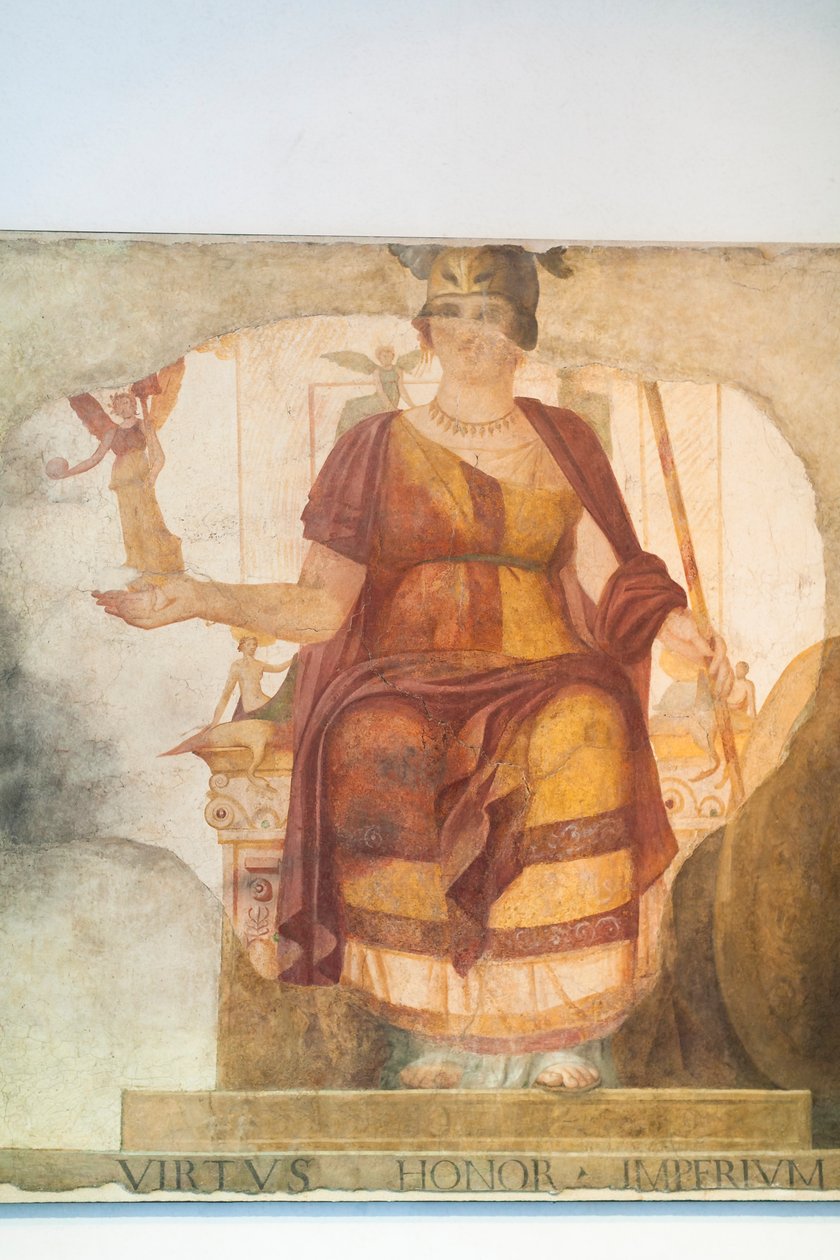 Veggfresko som viser en sittende Venus, integrert som Roma, såkalt Barberini-gudinne, første kvartal av det fjerde århundre e.Kr. fra Roma, Romas nasjonale museum (museo nazionale romano), Roma, Italia av Unbekannter Künstler