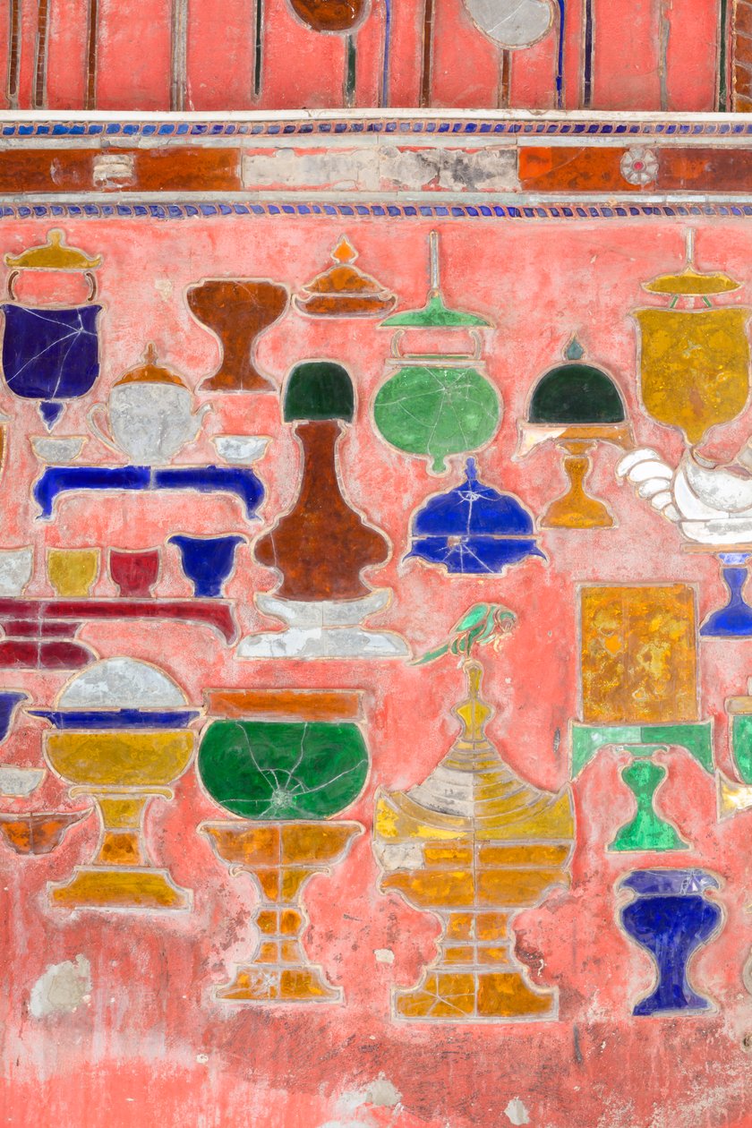 Vegg med blyholdige glassfigurer, Shwe Yaunghwe Kyaung kloster, Nyaungshwe, Inle Lake, Myanmar (bilde) av Unbekannter Künstler