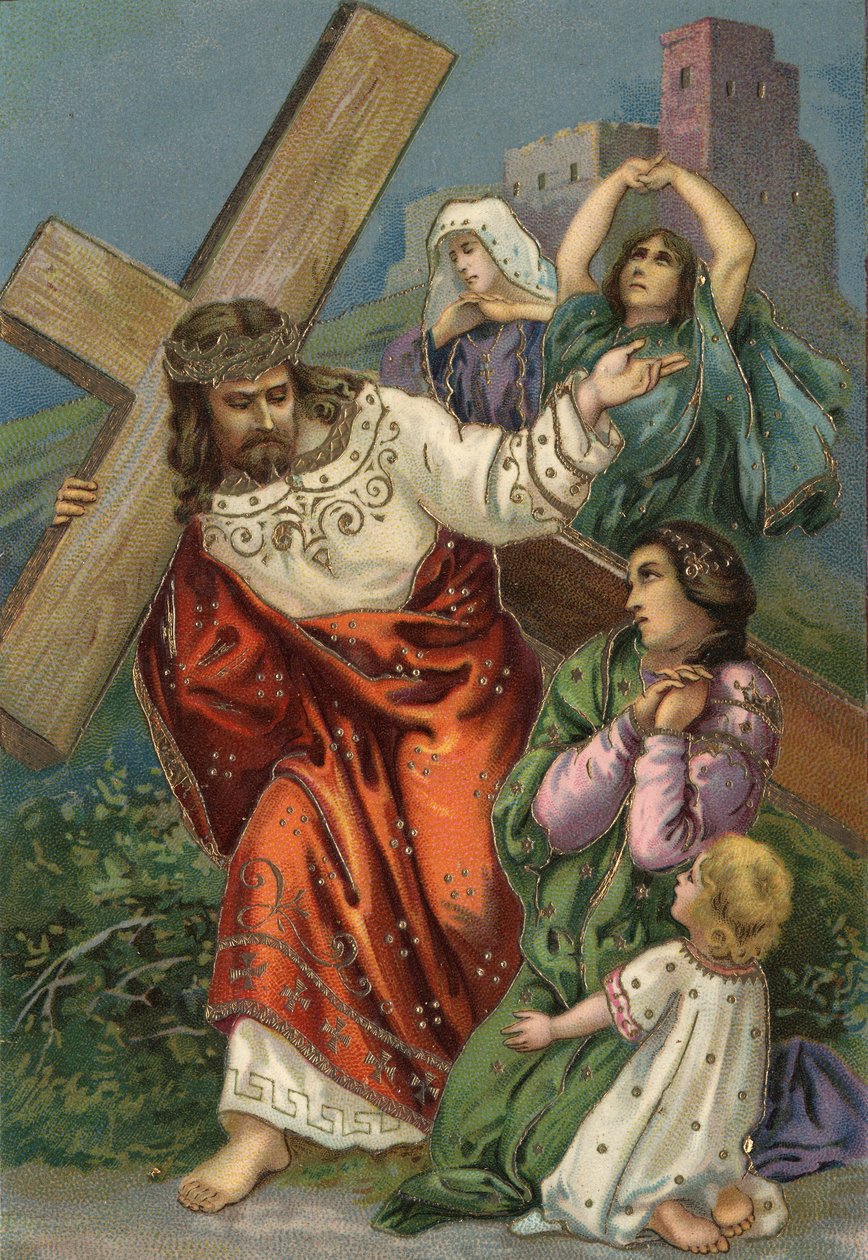 Korsveien - via crucis - Korsets stasjoner: åttende stasjon, Jesus møter kvinnene i Jerusalem Kromolitografi Privat samling av Unbekannt