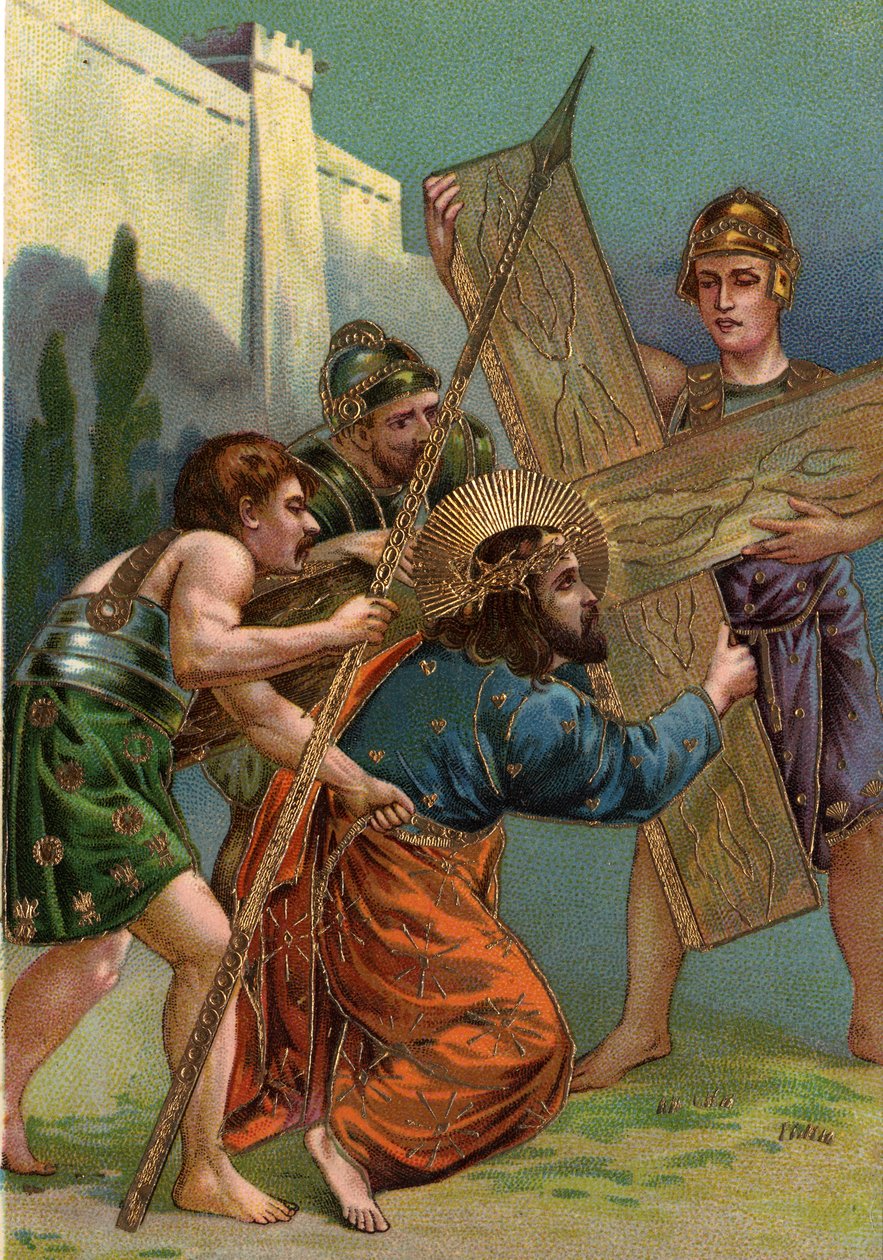 Korsveien - via crucis - Korsets stasjoner: tredje stasjon, Jesus faller for første gang under vekten av sitt kors (Jesus faller første gang) Kromolitografi Privat samling av William M. Timlin