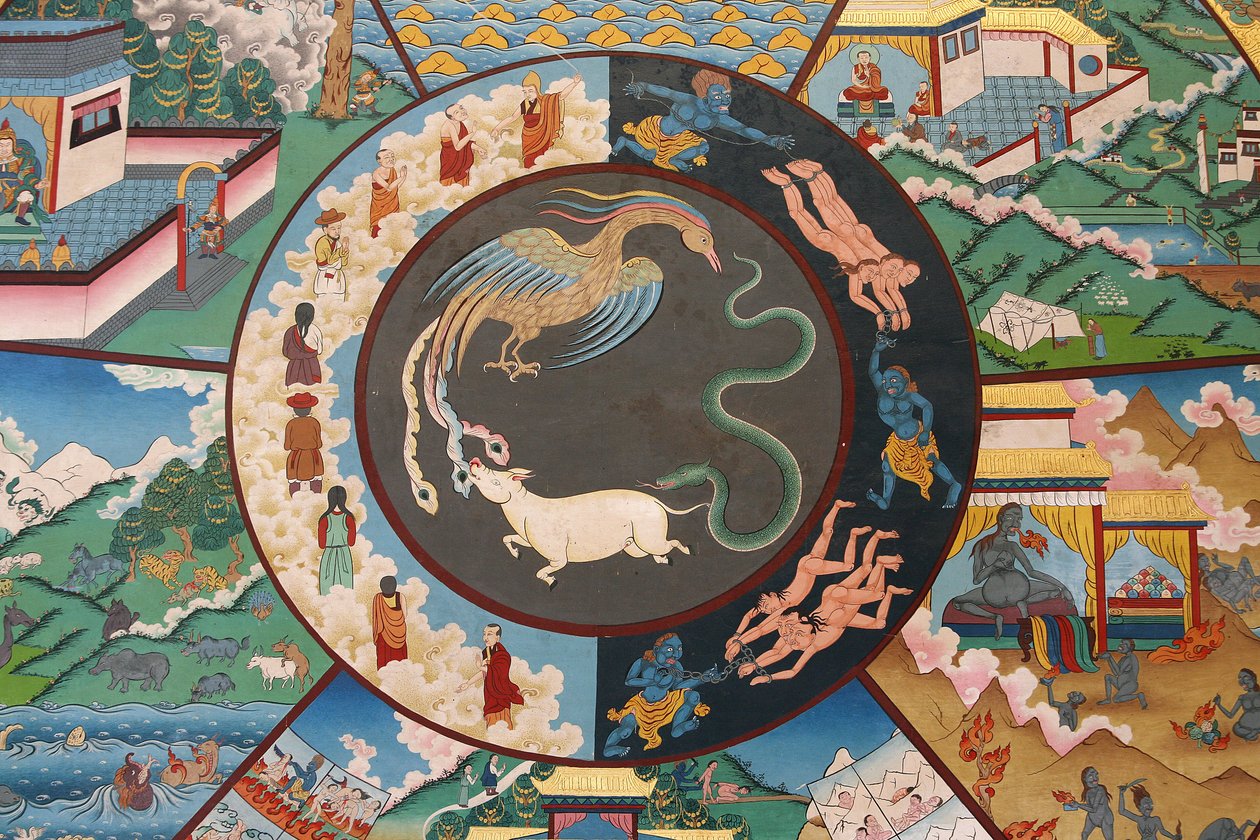 Livets hjul eller Samsaras hjul (Mandala): hane, slange og gris. Kopan kloster, Kathmandu, Nepal av Unbekannt