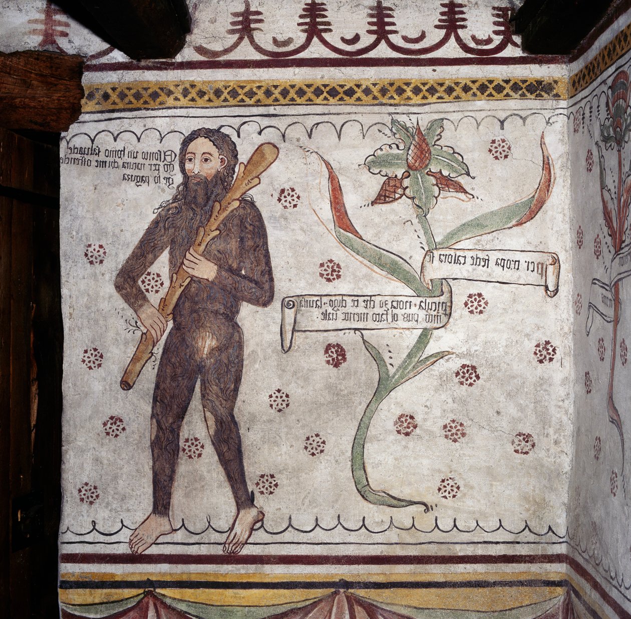 Villmannen fra Sacco (Homo Selvadego), freskomaleri (1400-tallet), Villmannens hus (Uomo Selvatico), Sacco, Cosio Valtellina, Lombardia, Italia av Benjamin Baud