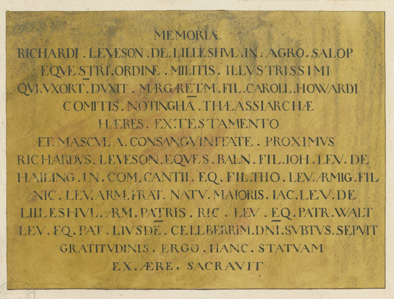 Wolverhampton - latinsk epitafium av admiral Richard Leveson i St. Peters kirke: penn- og blekktegning, nd [? 1800-tallet] av Unbekannt