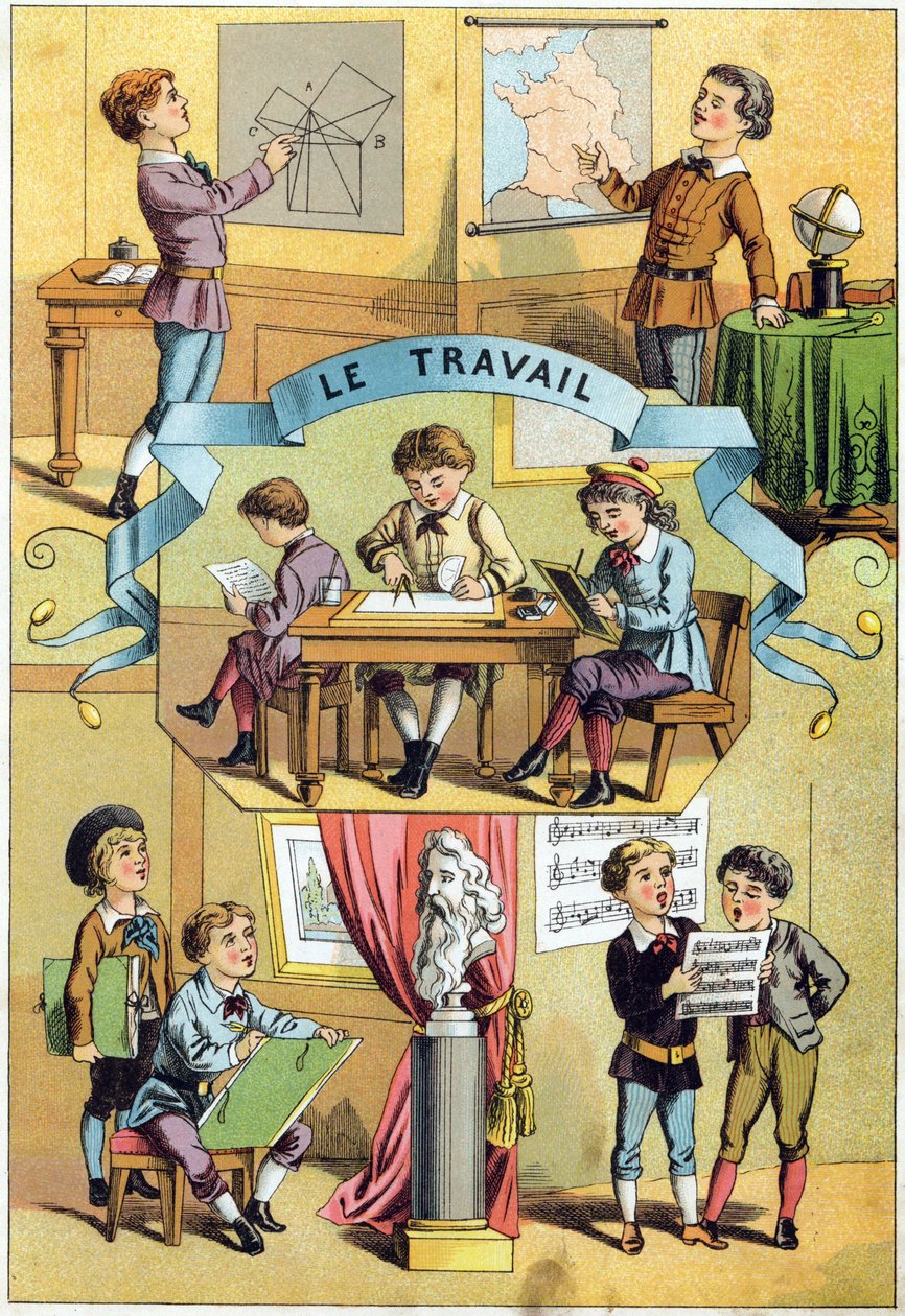 Arbeid i klasserommet. Gravering i "Alphabet des petits ecoliers". Avbildning av Epinal, ca. 1885. Privee Collection av Unbekannt