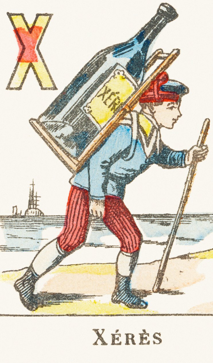 X : Xeres, en gutt holder en stor flaske vin på ryggen - Games Alphabet, ca. 1890 (gravering) av Unbekannt