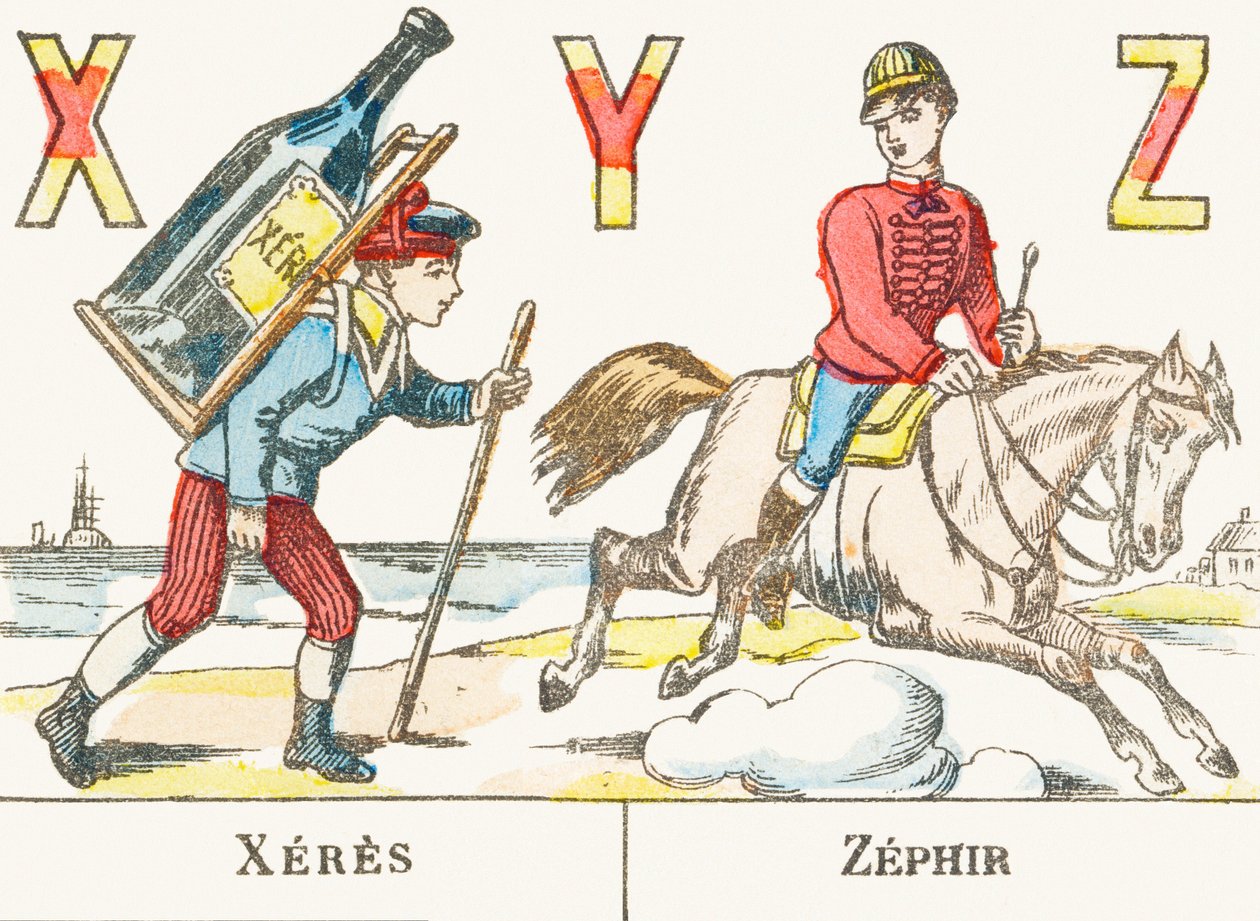 X Y Z : Xeres, Zephir - en gutt holder en stor flaske vin på ryggen og en rytter galopperer på hesten hans som heter Zephyr - Games Alphabet, ca. 1890 (gravering) av Unbekannt