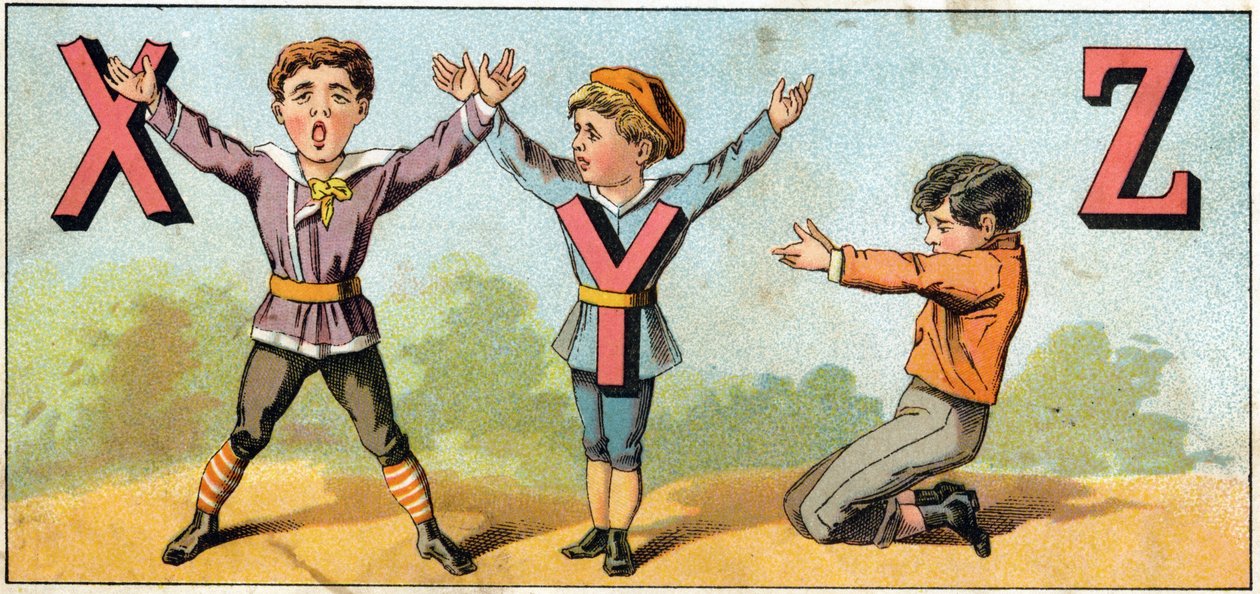 X Y- og Z-bokstaver imitert av kroppsposisjon. Gravering i "Alphabet des petits ecoliers". Avbildning av Epinal, ca. 1885. Privee Collection av Unbekannt