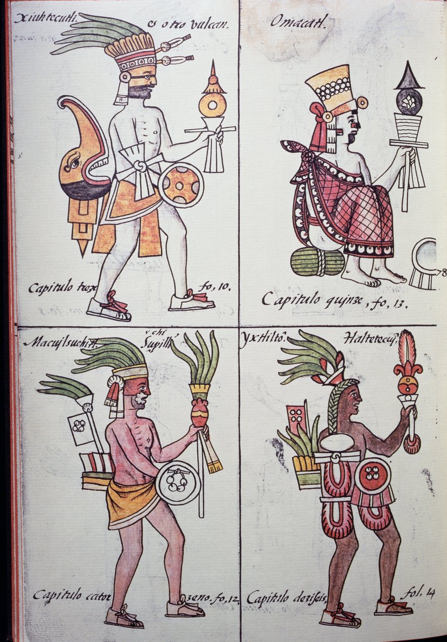 Xiuhtecuhtli, Omacatl, Macuilxochitl, Ixtlilton, Side fra Florentine Codex, Versjon på spansk og Nahuatl, General History of the Things of New Spain (Historia general de las cosas de Nueva Espana), Aztec av Benjamin Baud